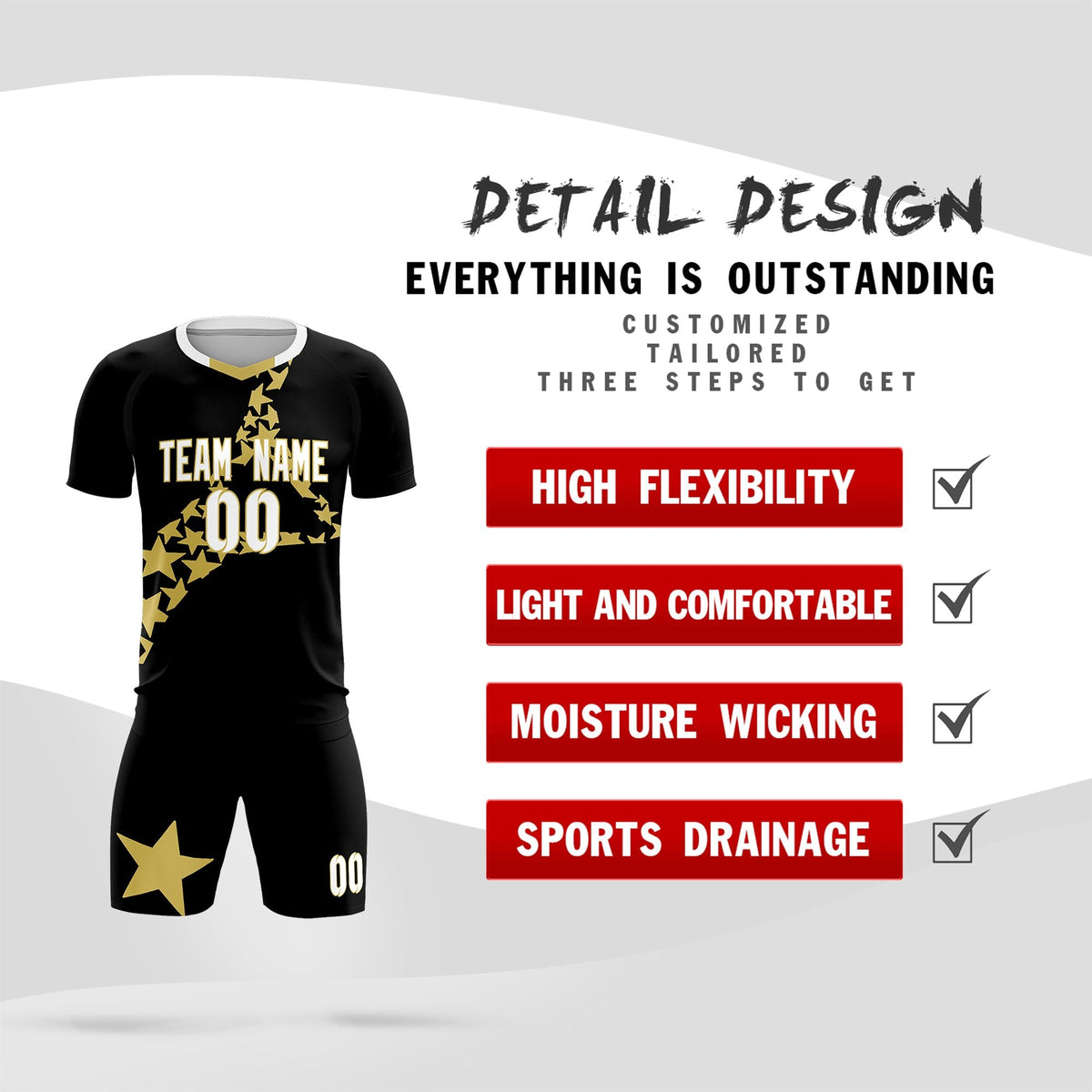 Custom Black Old Gold America Star World Cup Inspired Lightweight Graffiti Pattern Soccer Sets Jersey
