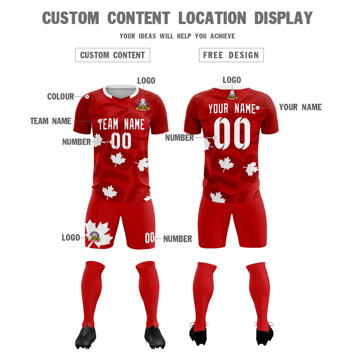 Custom Red Canada Maple Leaves World Cup Inspired Wrinkle-Resistant Graffiti Pattern Soccer Sets Jersey