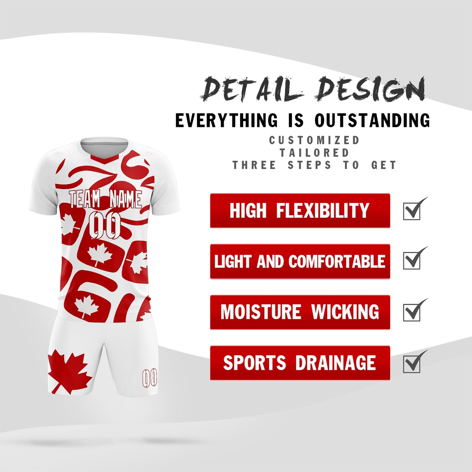 Custom White Canada Maple Leaves World Cup Inspired Drapable Graffiti Pattern Soccer Sets Jersey