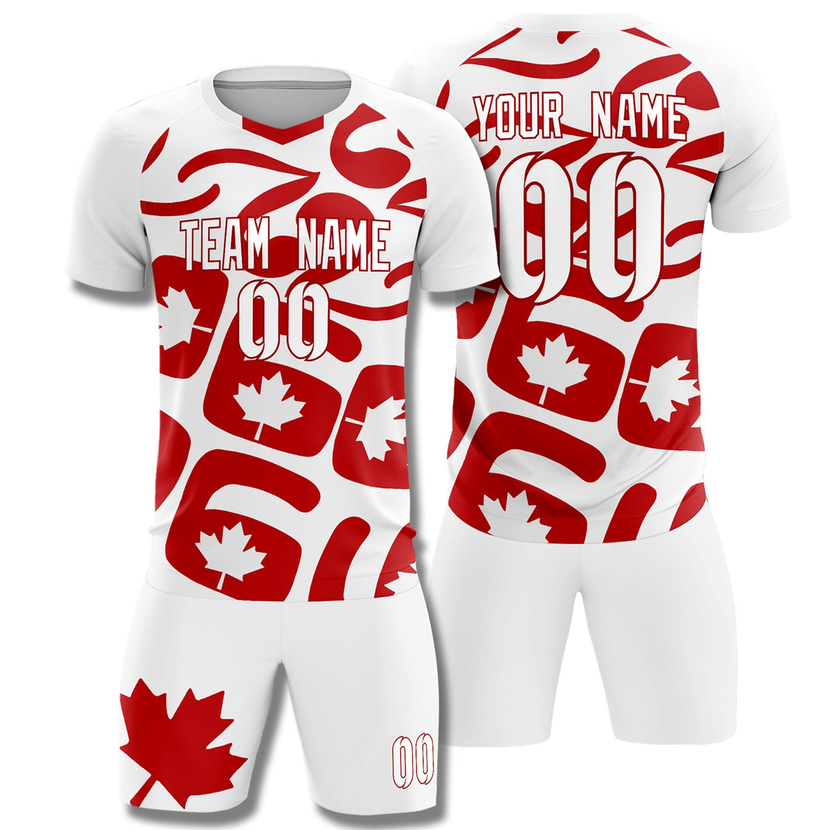 Custom White Canada Maple Leaves World Cup Inspired Drapable Graffiti Pattern Soccer Sets Jersey