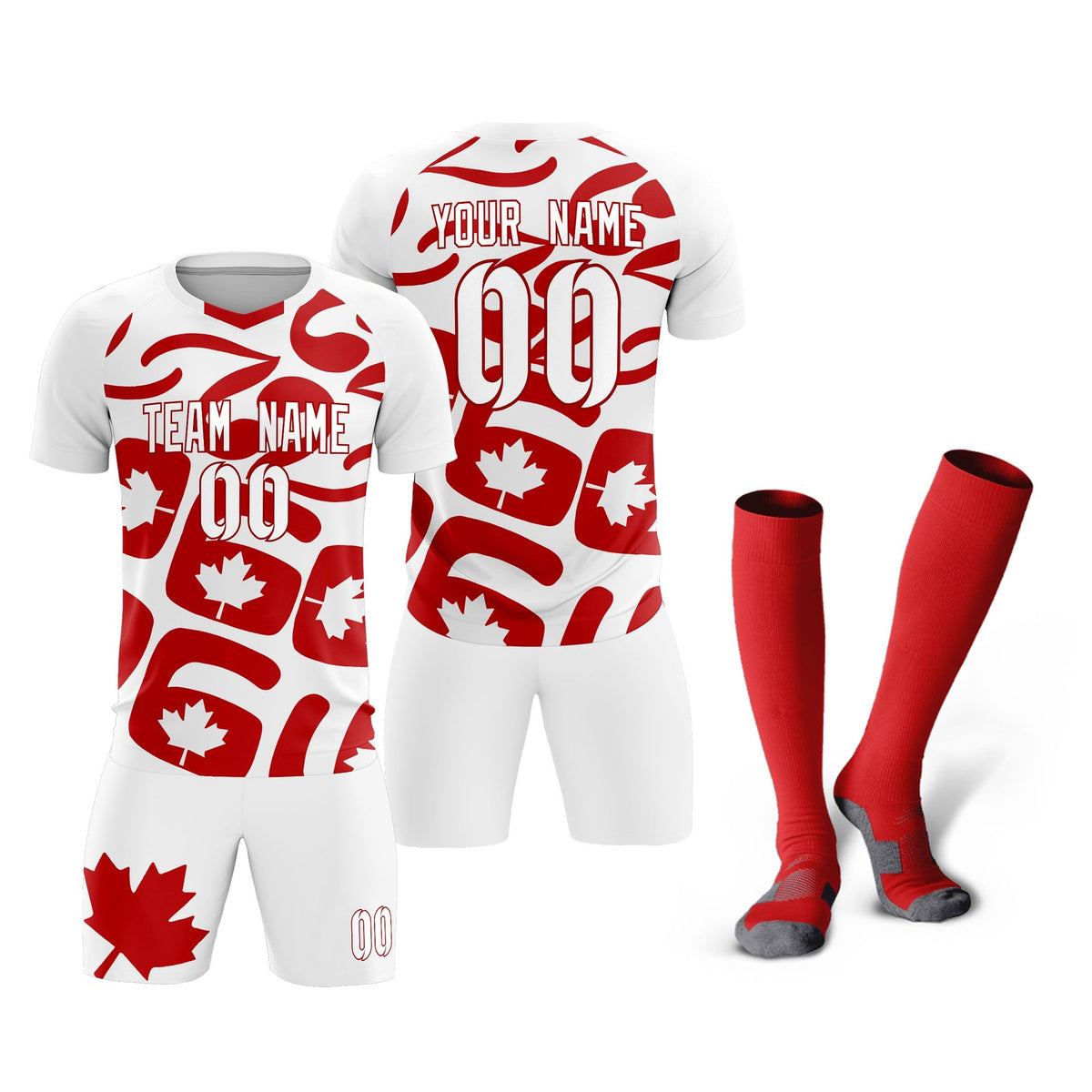Custom White Canada Maple Leaves World Cup Inspired Drapable Graffiti Pattern Soccer Sets Jersey