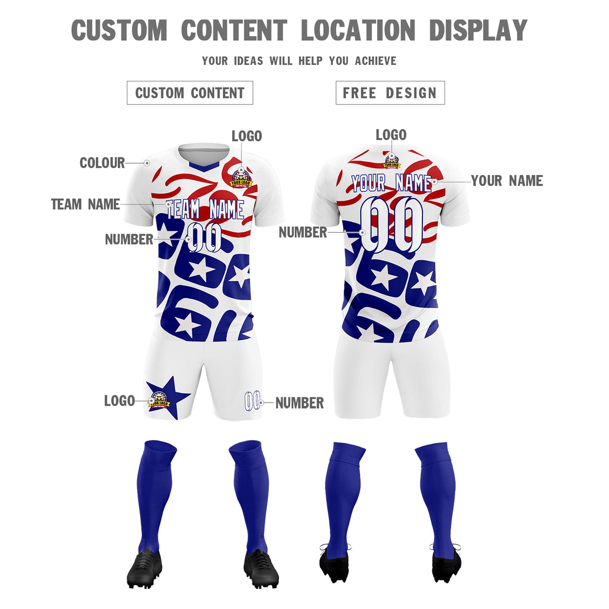 Custom White America Star World Cup Inspired Quick-Drying Graffiti Pattern Soccer Sets Jersey
