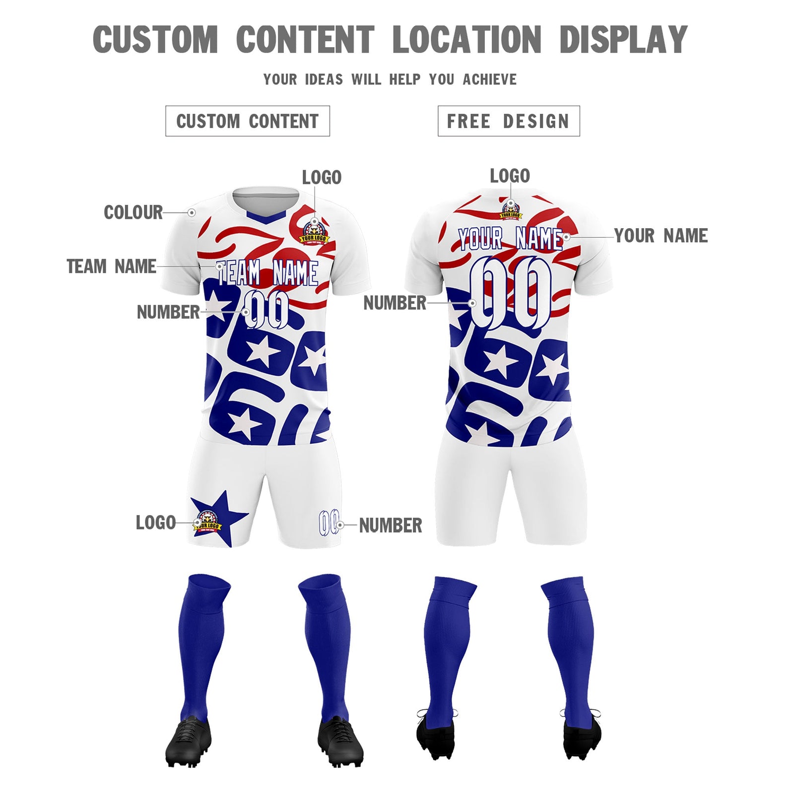 Custom White America Star World Cup Inspired Quick-Drying Graffiti Pattern Soccer Sets Jersey