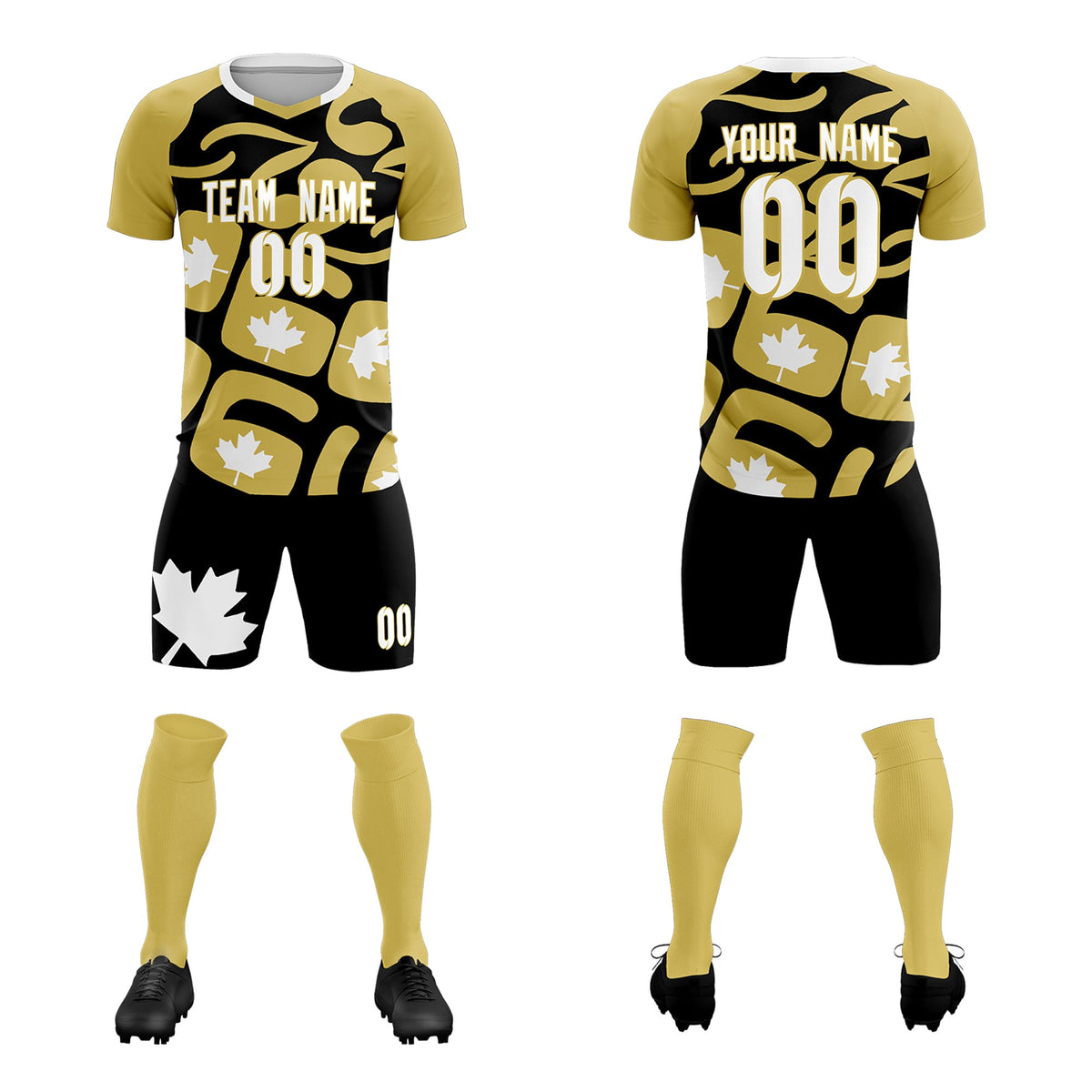 Custom Old Gold Black Canada Maple Leaves World Cup Inspired Drapable Graffiti Pattern Soccer Sets Jersey
