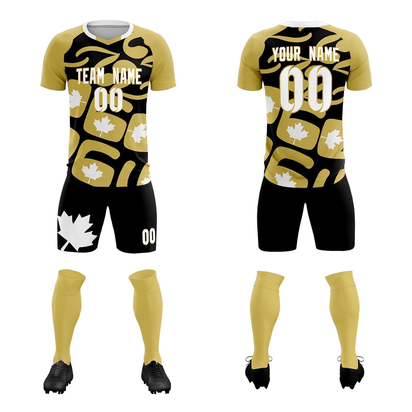 Custom Old Gold Black Canada Maple Leaves World Cup Inspired Drapable Graffiti Pattern Soccer Sets Jersey