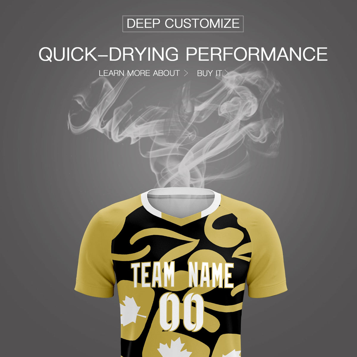 Custom Old Gold Black Canada Maple Leaves World Cup Inspired Drapable Graffiti Pattern Soccer Sets Jersey