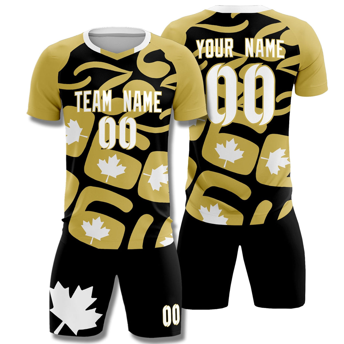 Custom Old Gold Black Canada Maple Leaves World Cup Inspired Drapable Graffiti Pattern Soccer Sets Jersey