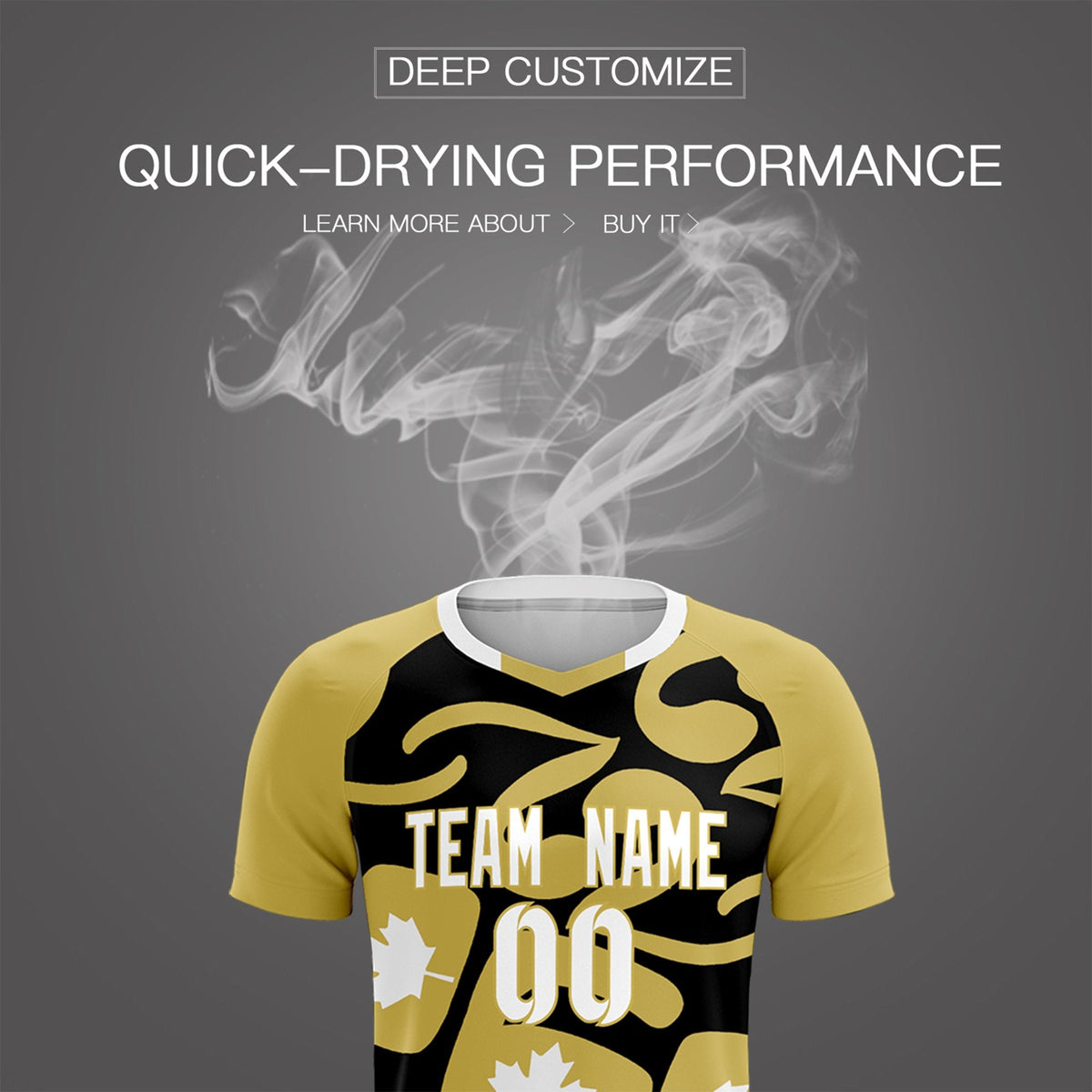 Custom Old Gold Black Canada Maple Leaves World Cup Inspired Drapable Graffiti Pattern Soccer Sets Jersey