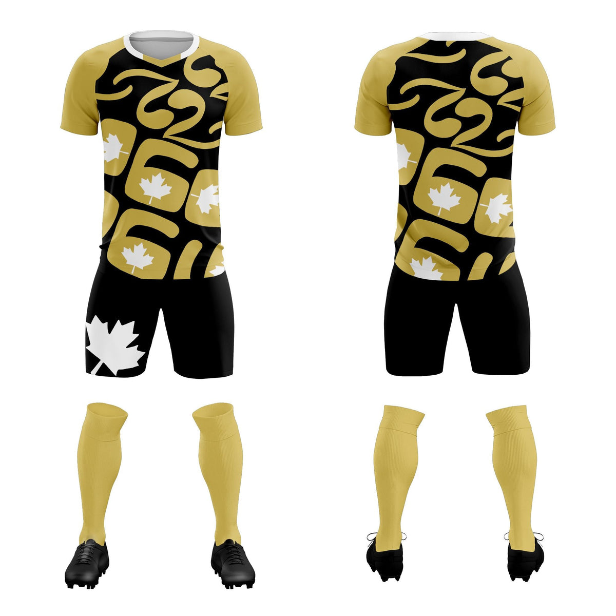 Custom Old Gold Black Canada Maple Leaves World Cup Inspired Drapable Graffiti Pattern Soccer Sets Jersey
