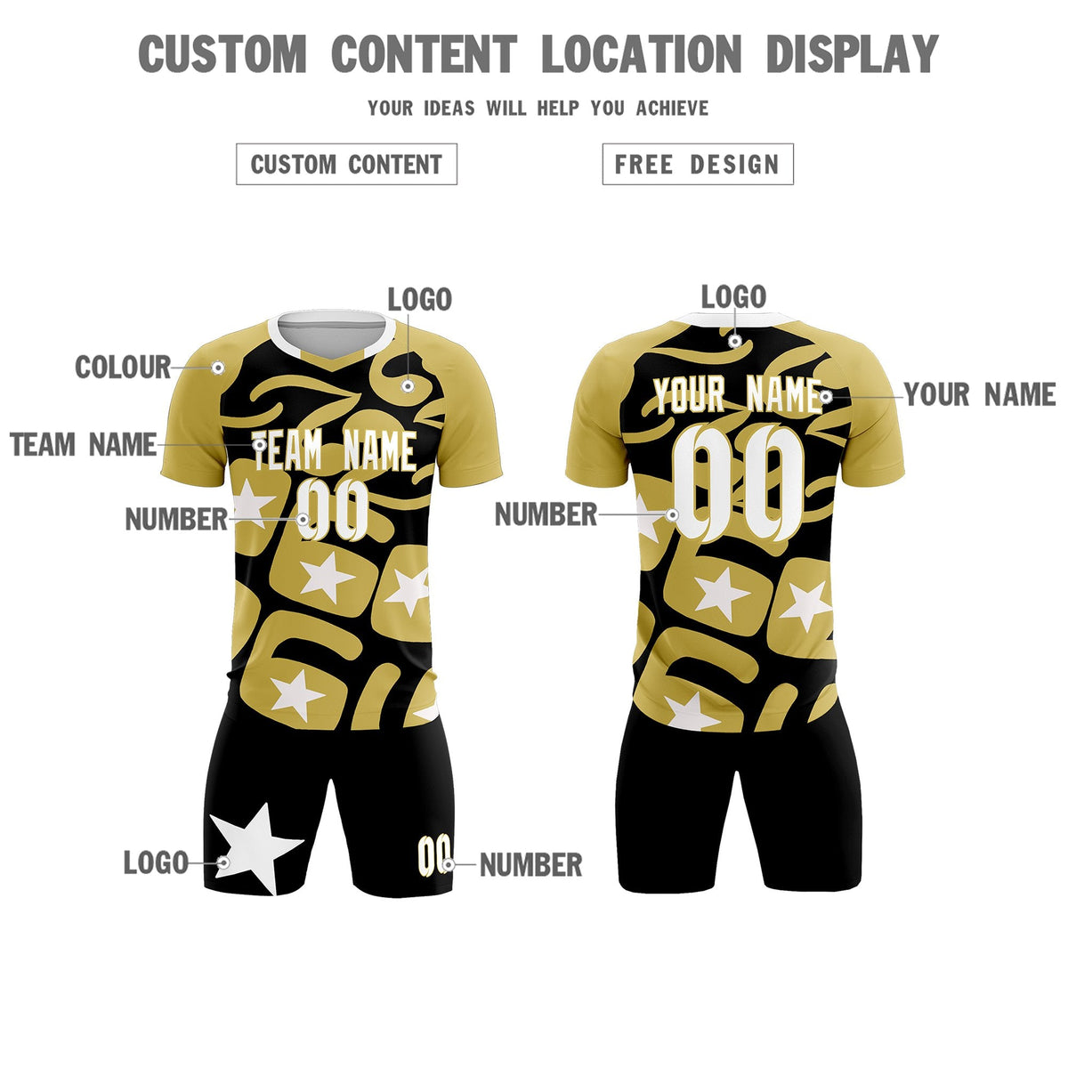 Custom Old Gold Black America Star World Cup Inspired Breathable Graffiti Pattern Soccer Sets Jersey