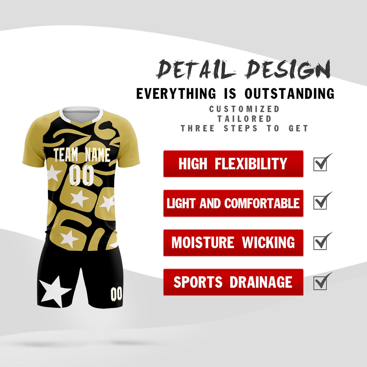 Custom Old Gold Black America Star World Cup Inspired Breathable Graffiti Pattern Soccer Sets Jersey