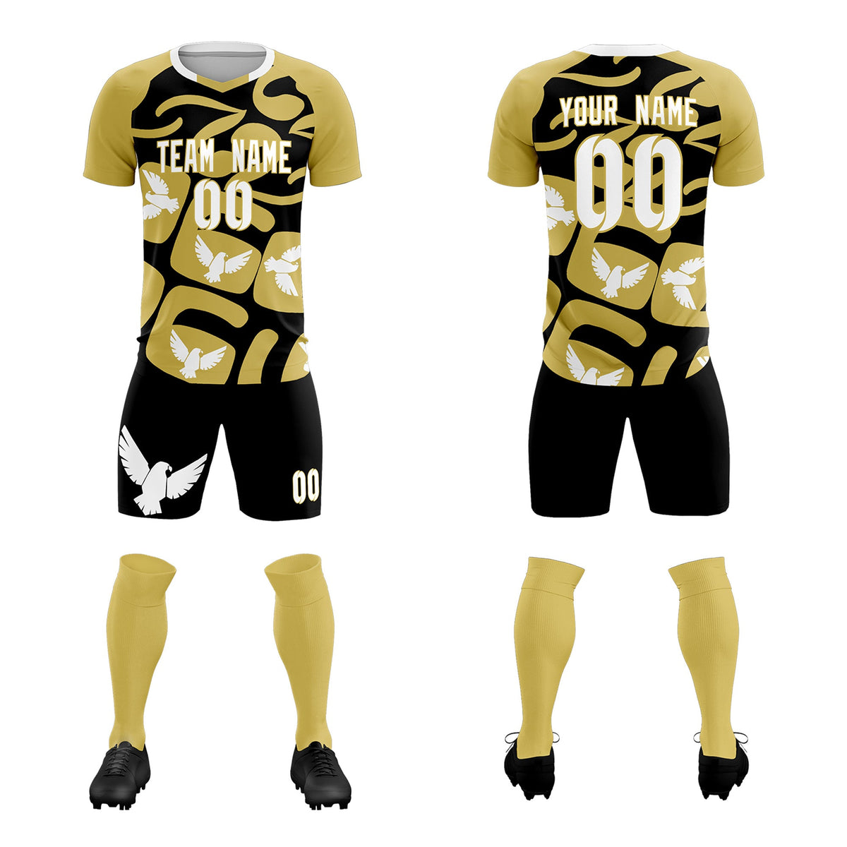 Custom Old Gold Black Mexico Eagle World Cup Inspired Quick-Drying Graffiti Pattern Soccer Sets Jersey
