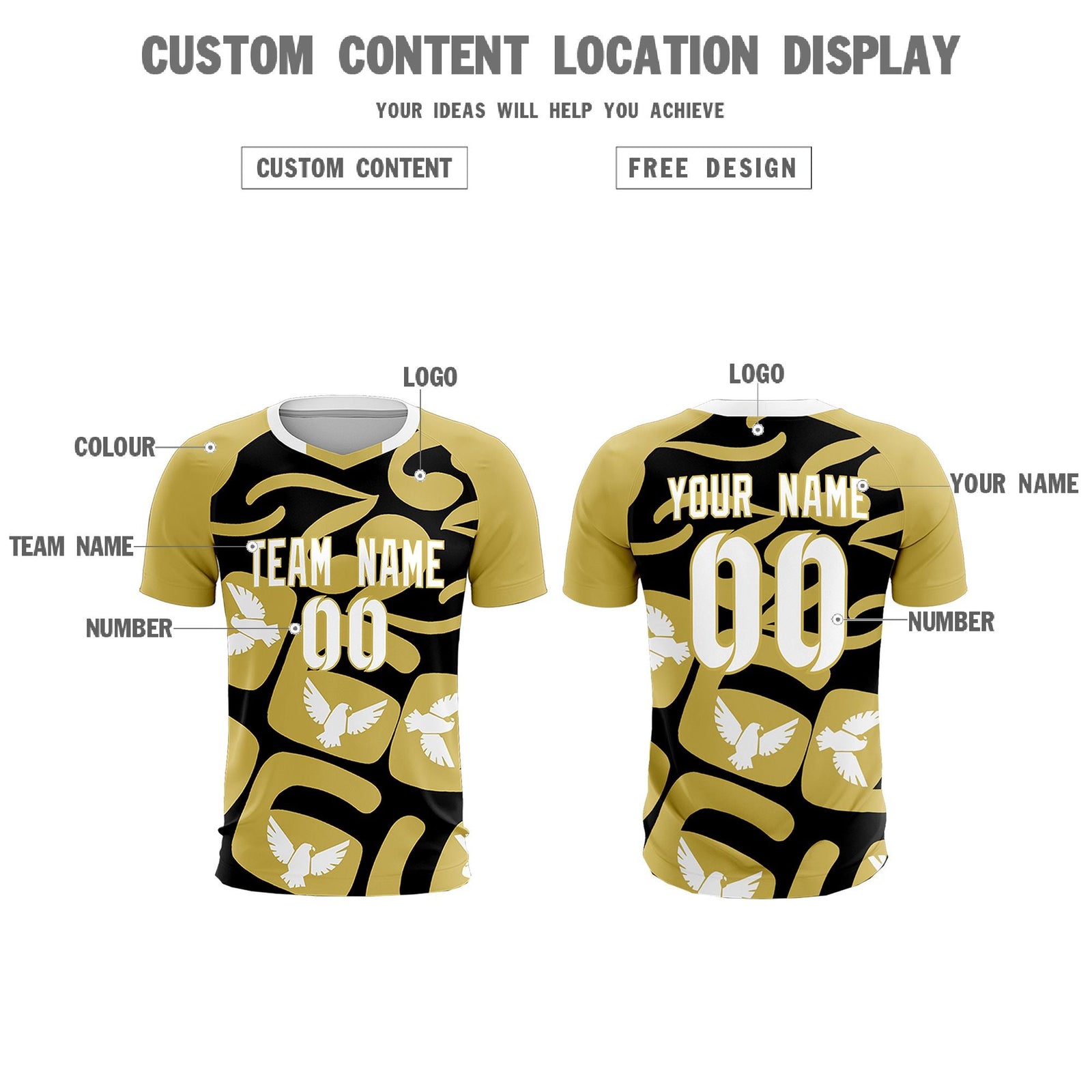 Custom Old Gold Black Mexico Eagle World Cup Inspired Quick-Drying Graffiti Pattern Soccer Sets Jersey