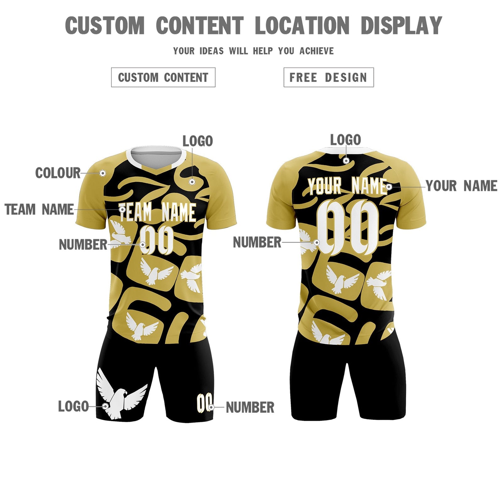 Custom Old Gold Black Mexico Eagle World Cup Inspired Quick-Drying Graffiti Pattern Soccer Sets Jersey