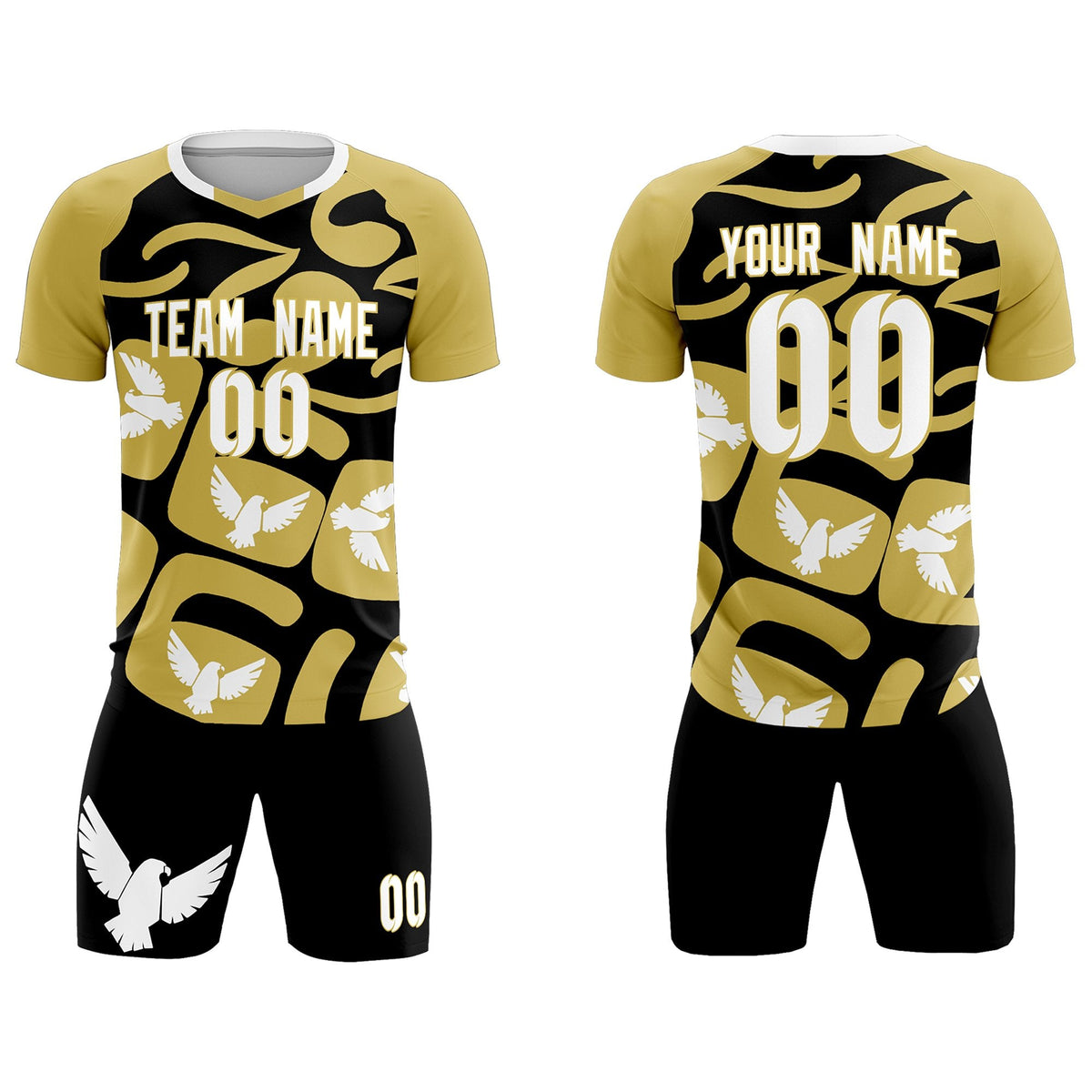 Custom Old Gold Black Mexico Eagle World Cup Inspired Quick-Drying Graffiti Pattern Soccer Sets Jersey