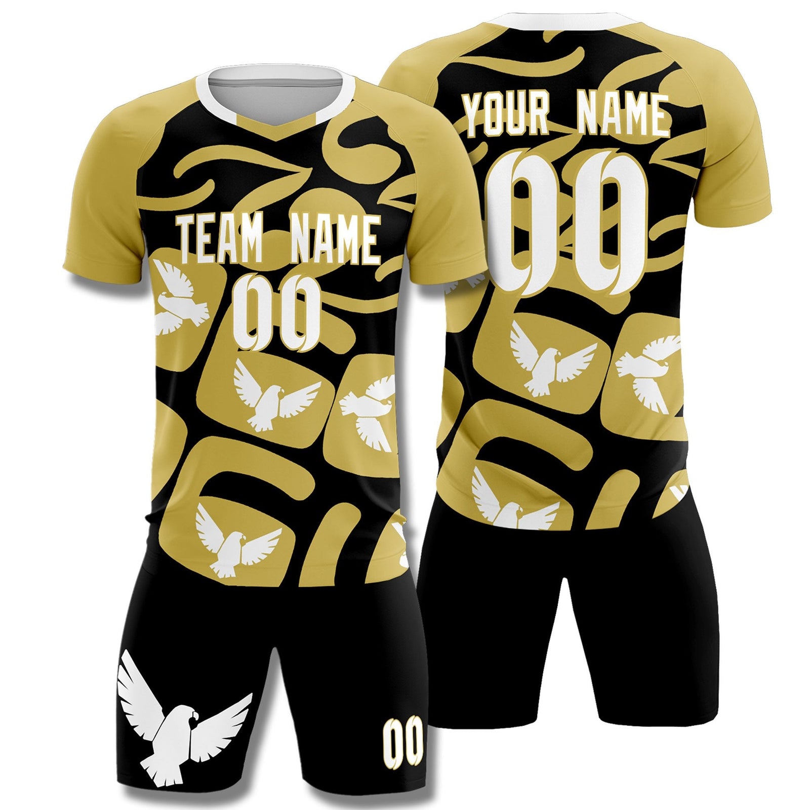 Custom Old Gold Black Mexico Eagle World Cup Inspired Quick-Drying Graffiti Pattern Soccer Sets Jersey