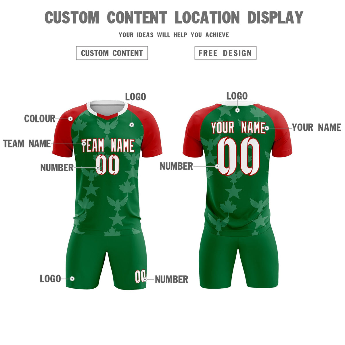Custom Red Kelly Green World Cup Inspired Lightweight&amp;Drapable Training Uniform Raglan Sleeve Soccer Sets Jersey