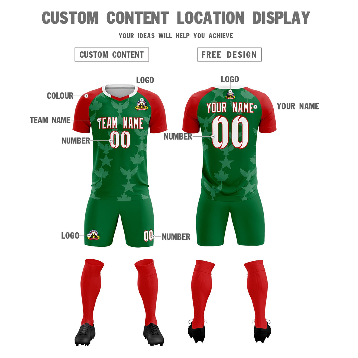Custom Red Kelly Green World Cup Inspired Lightweight&amp;Drapable Training Uniform Raglan Sleeve Soccer Sets Jersey