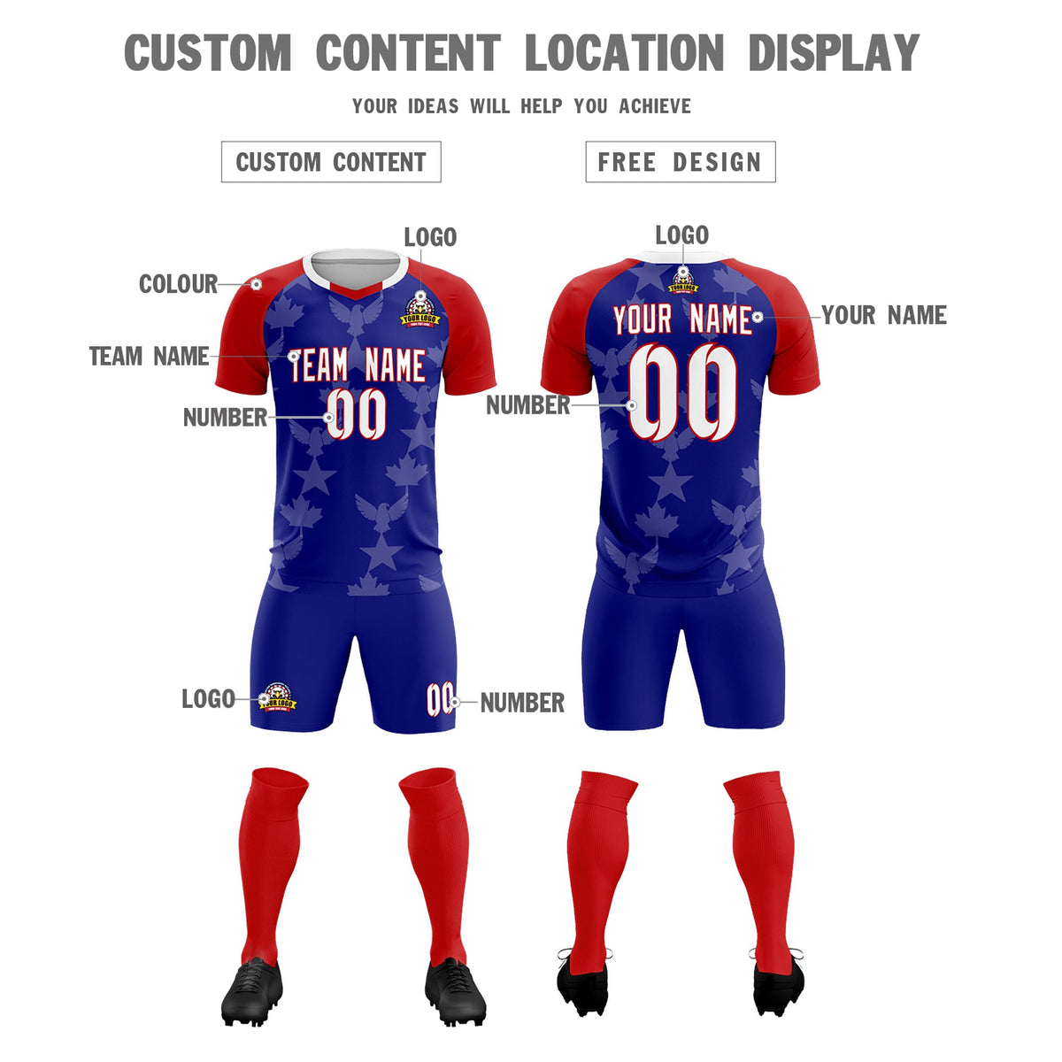 Custom Red Royal World Cup Inspired Wrinkle-Resistant Training Uniform Raglan Sleeve Soccer Sets Jersey