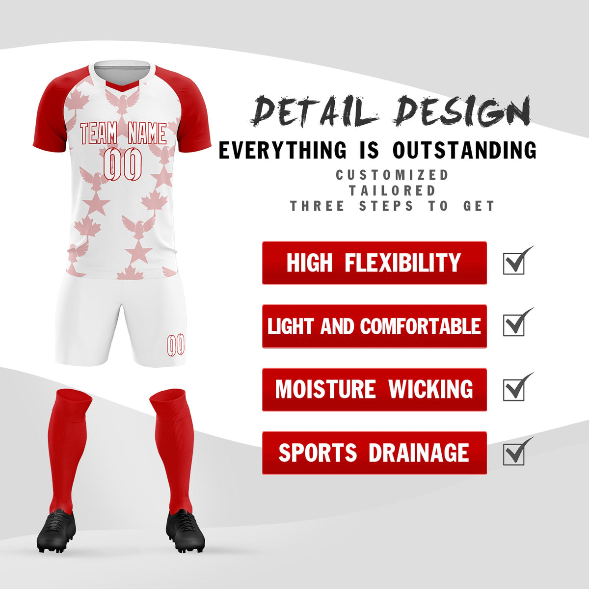 Custom Red White World Cup Inspired Breathable&amp;Quick-Drying Training Uniform Raglan Sleeve Soccer Sets Jersey