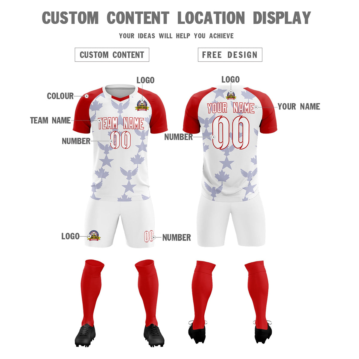Custom Red White World Cup Inspired Wrinkle-Resistant Training Uniform Raglan Sleeve Soccer Sets Jersey