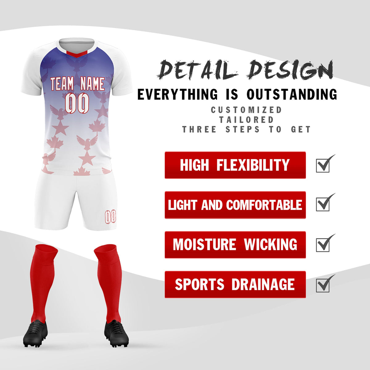Custom White Royal World Cup Inspired Lightweight&amp;Drapable Training Uniform Gradient Fashion Soccer Sets Jersey