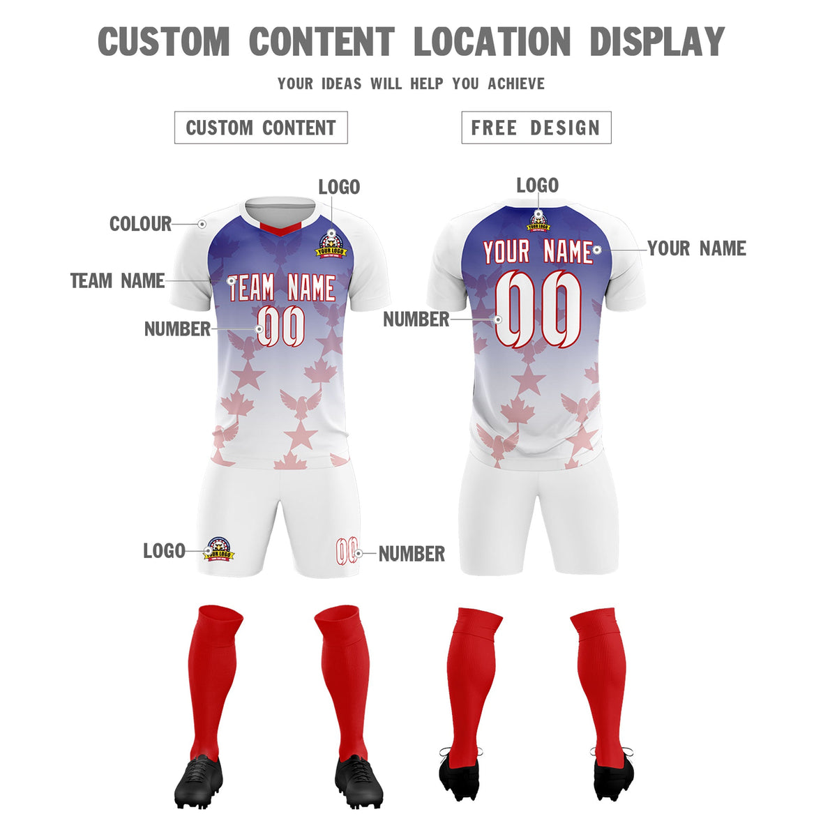 Custom White Royal World Cup Inspired Lightweight&amp;Drapable Training Uniform Gradient Fashion Soccer Sets Jersey