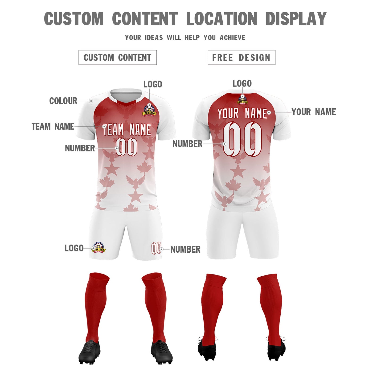 Custom White Red World Cup Inspired Wrinkle-Resistant Training Uniform Gradient Fashion Soccer Sets Jersey