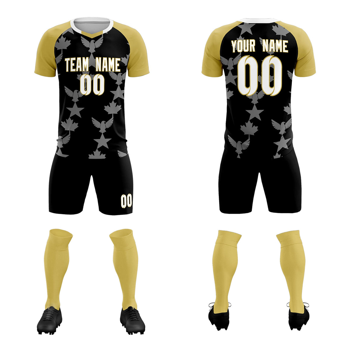Custom Old Gold Black World Cup Inspired Breathable&amp;Quick-Drying Training Uniform Raglan Sleeve Soccer Sets Jersey