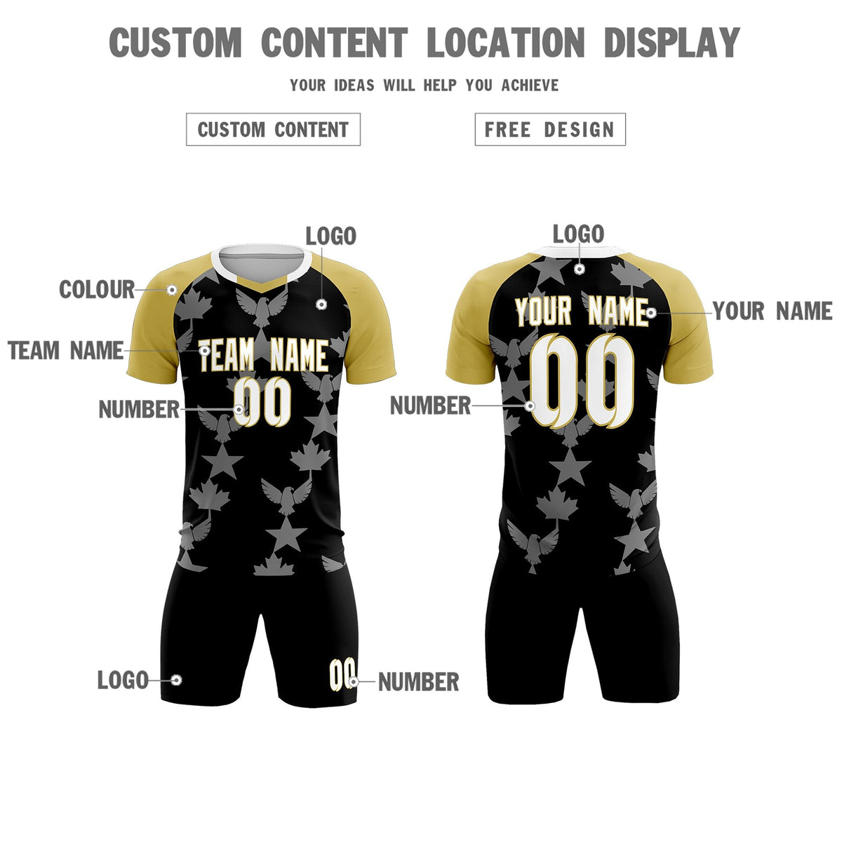 Custom Old Gold Black World Cup Inspired Breathable&amp;Quick-Drying Training Uniform Raglan Sleeve Soccer Sets Jersey