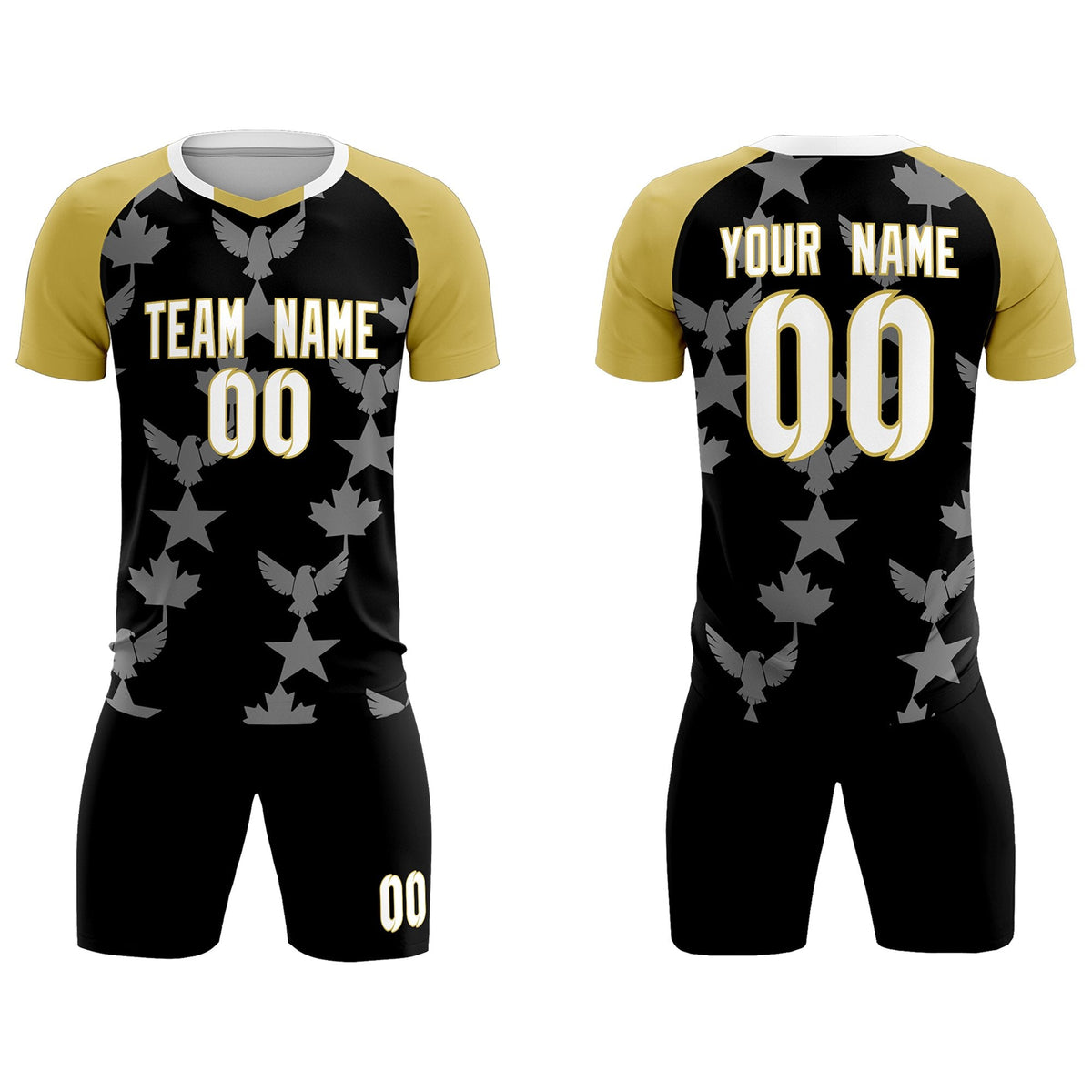 Custom Old Gold Black World Cup Inspired Breathable&amp;Quick-Drying Training Uniform Raglan Sleeve Soccer Sets Jersey