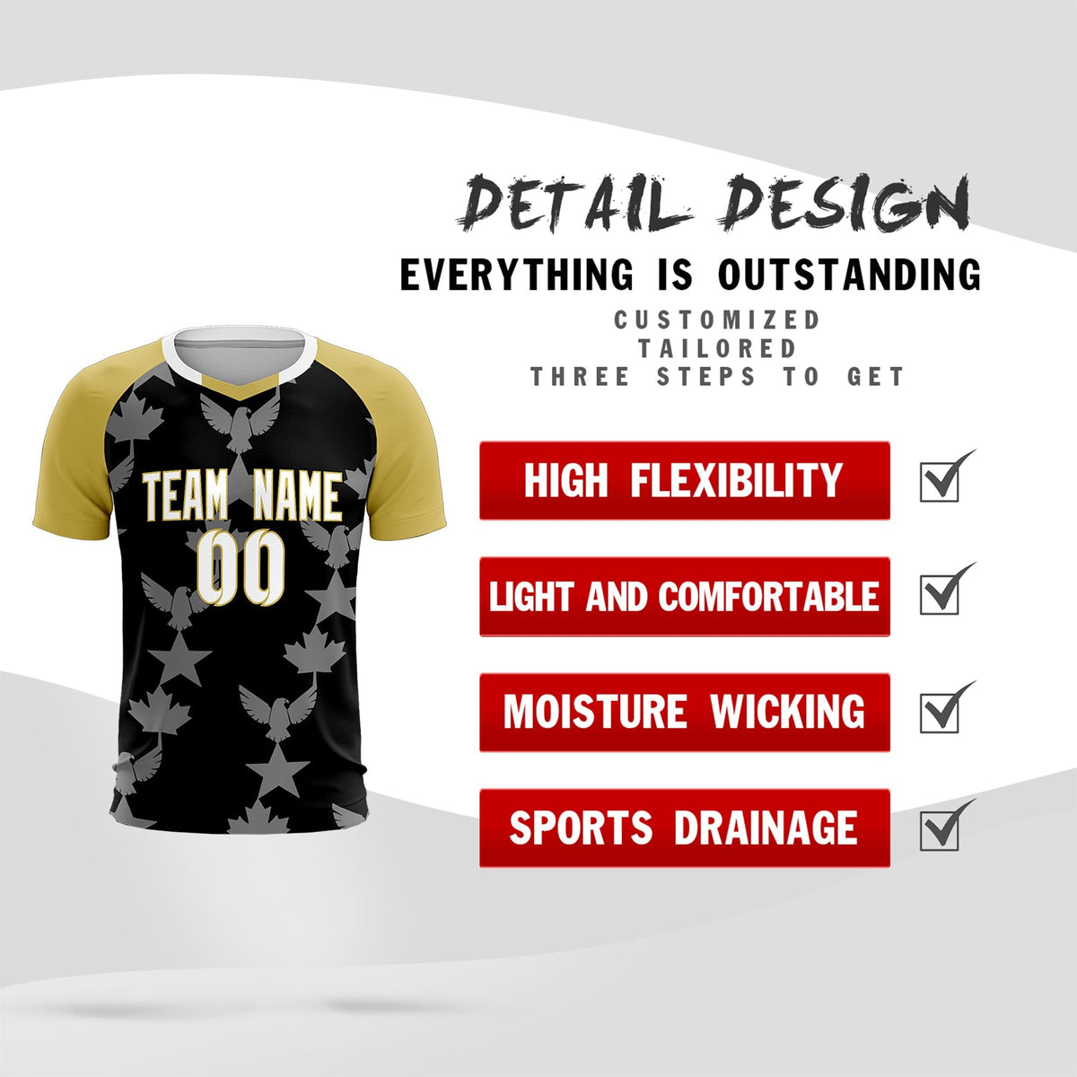 Custom Old Gold Black World Cup Inspired Breathable&amp;Quick-Drying Training Uniform Raglan Sleeve Soccer Sets Jersey
