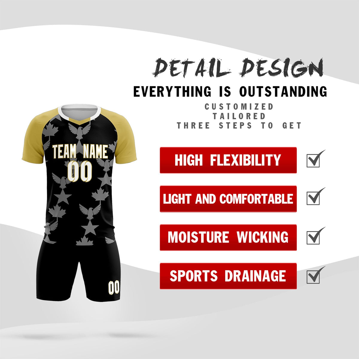 Custom Old Gold Black World Cup Inspired Breathable&amp;Quick-Drying Training Uniform Raglan Sleeve Soccer Sets Jersey
