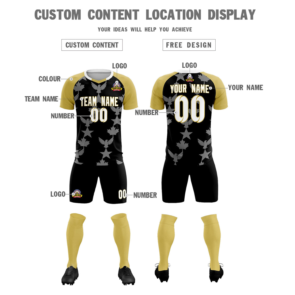 Custom Old Gold Black World Cup Inspired Breathable&amp;Quick-Drying Training Uniform Raglan Sleeve Soccer Sets Jersey