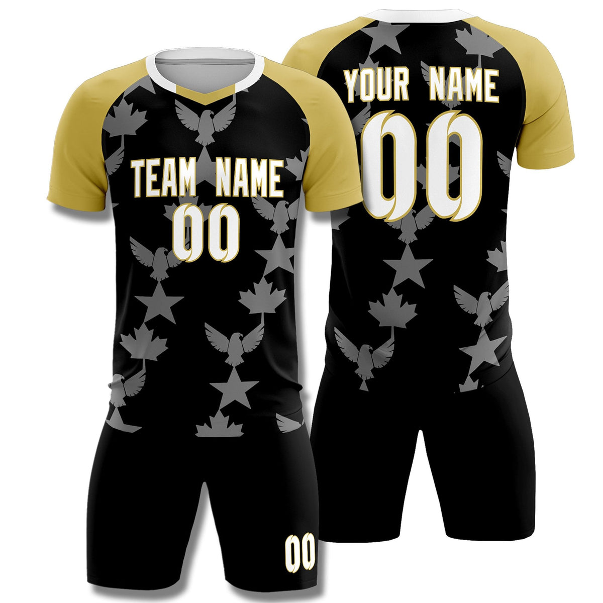 Custom Old Gold Black World Cup Inspired Breathable&amp;Quick-Drying Training Uniform Raglan Sleeve Soccer Sets Jersey