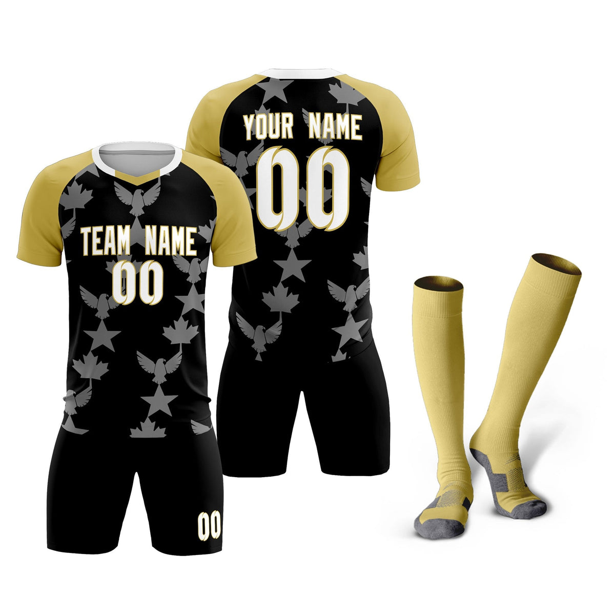 Custom Old Gold Black World Cup Inspired Breathable&amp;Quick-Drying Training Uniform Raglan Sleeve Soccer Sets Jersey