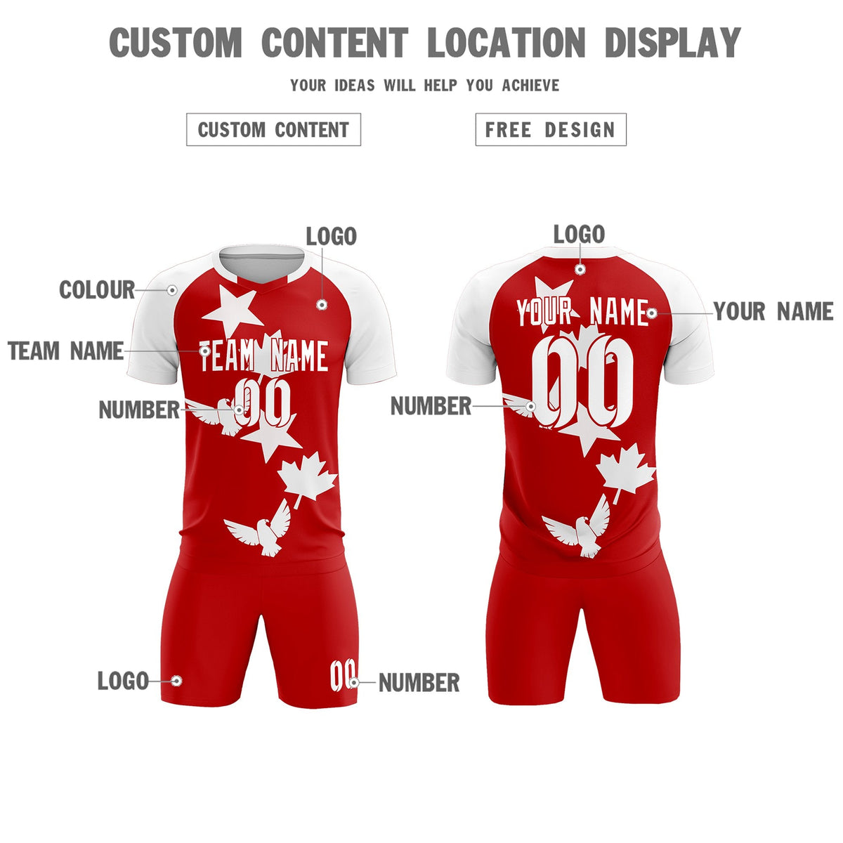Custom White Red World Cup Inspired Lightweight&amp;Drapable Training Uniform Raglan Sleeve Soccer Sets Jersey