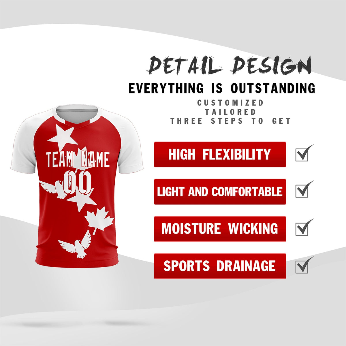 Custom White Red World Cup Inspired Lightweight&amp;Drapable Training Uniform Raglan Sleeve Soccer Sets Jersey