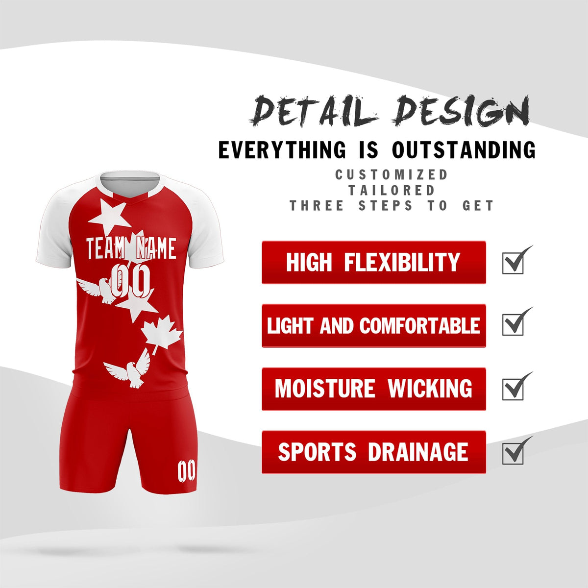 Custom White Red World Cup Inspired Lightweight&amp;Drapable Training Uniform Raglan Sleeve Soccer Sets Jersey