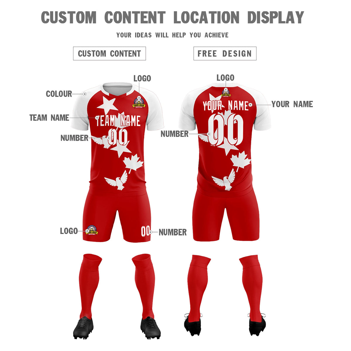 Custom White Red World Cup Inspired Lightweight&amp;Drapable Training Uniform Raglan Sleeve Soccer Sets Jersey