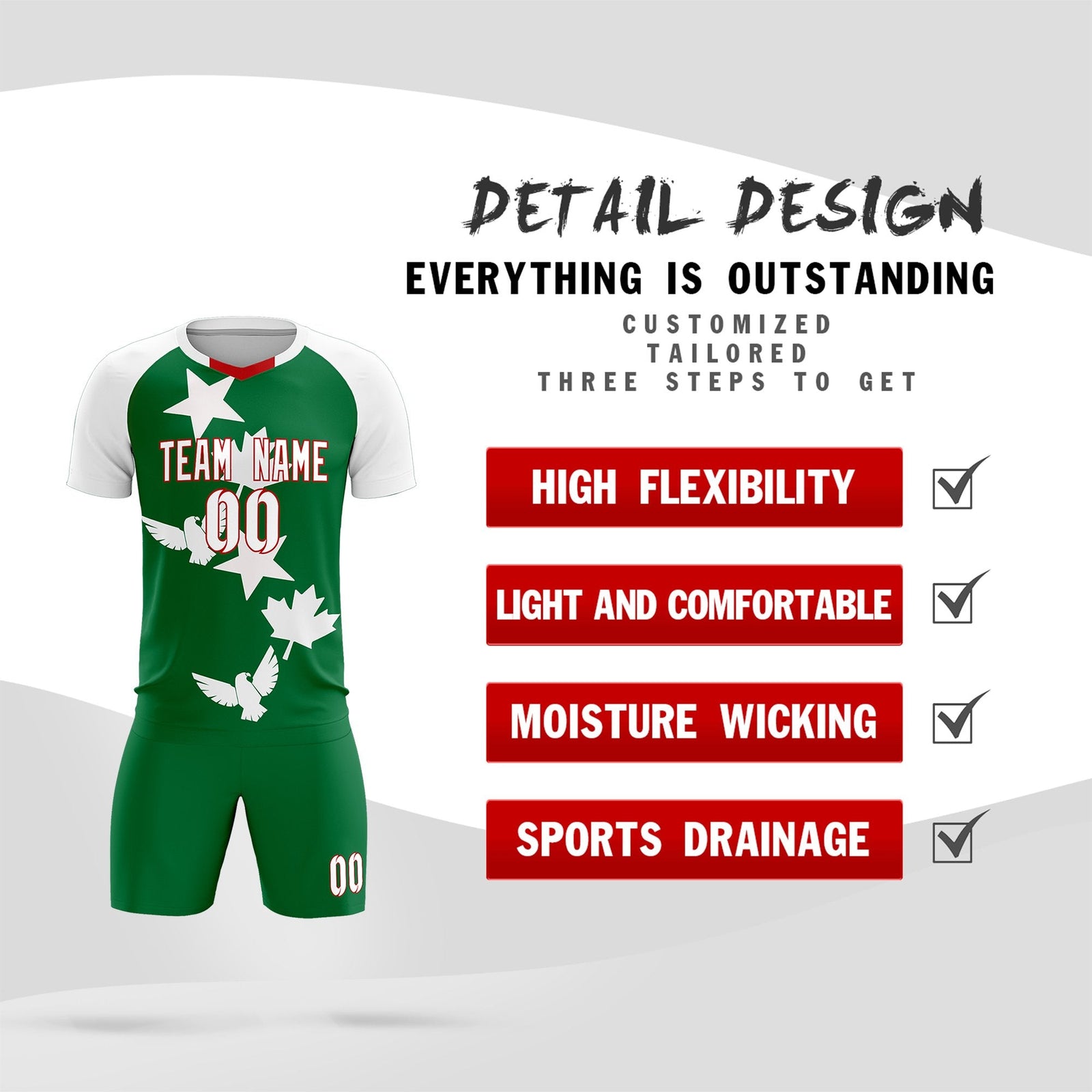 Custom White Kelly Green World Cup Inspired Wrinkle-Resistant Training Uniform Raglan Sleeve Soccer Sets Jersey