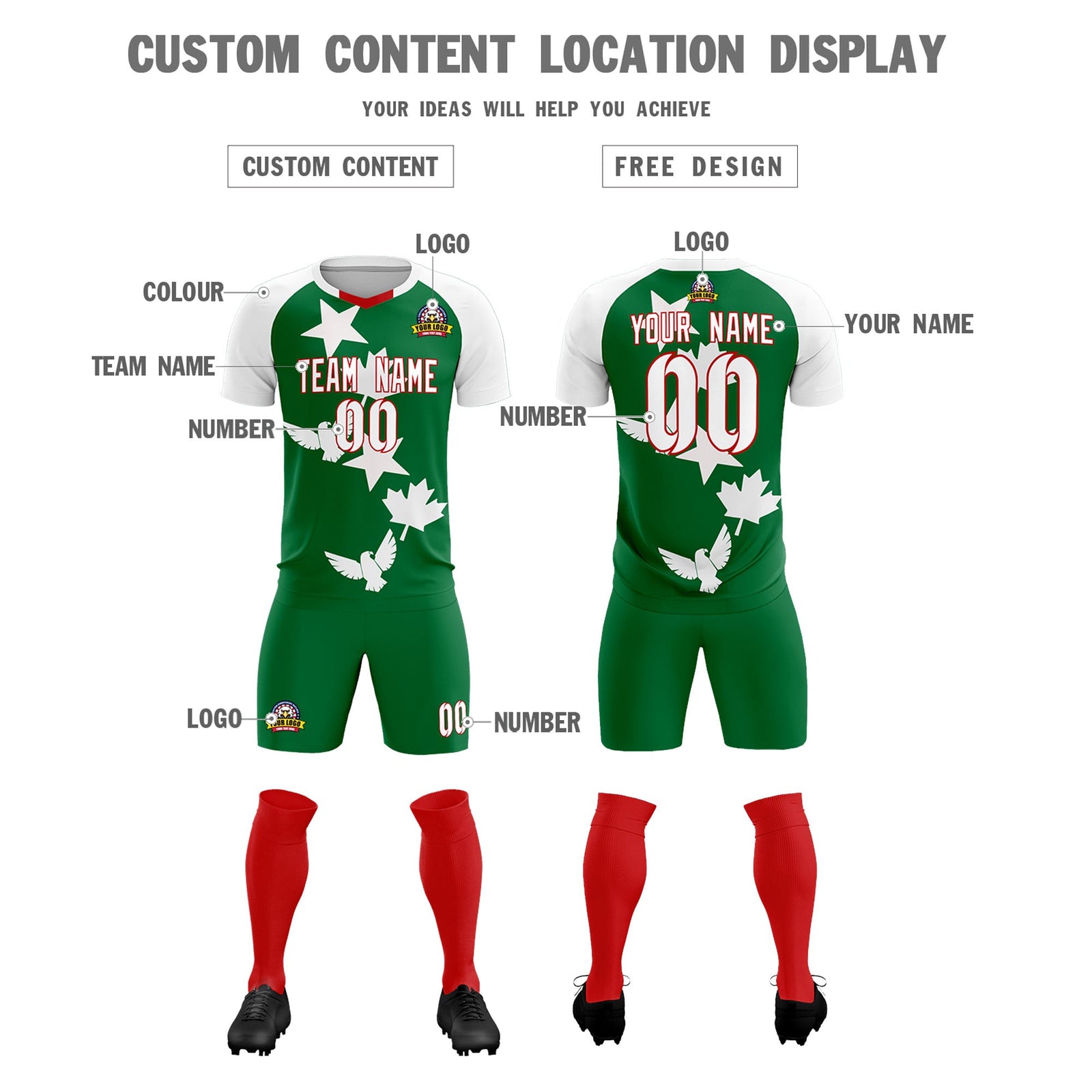 Custom White Kelly Green World Cup Inspired Wrinkle-Resistant Training Uniform Raglan Sleeve Soccer Sets Jersey