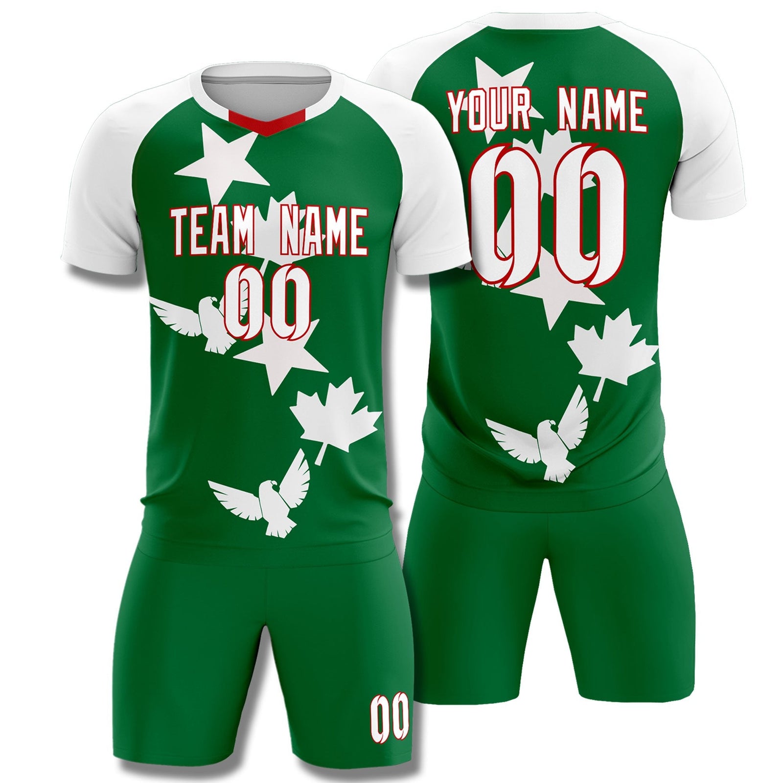 Custom White Kelly Green World Cup Inspired Wrinkle-Resistant Training Uniform Raglan Sleeve Soccer Sets Jersey