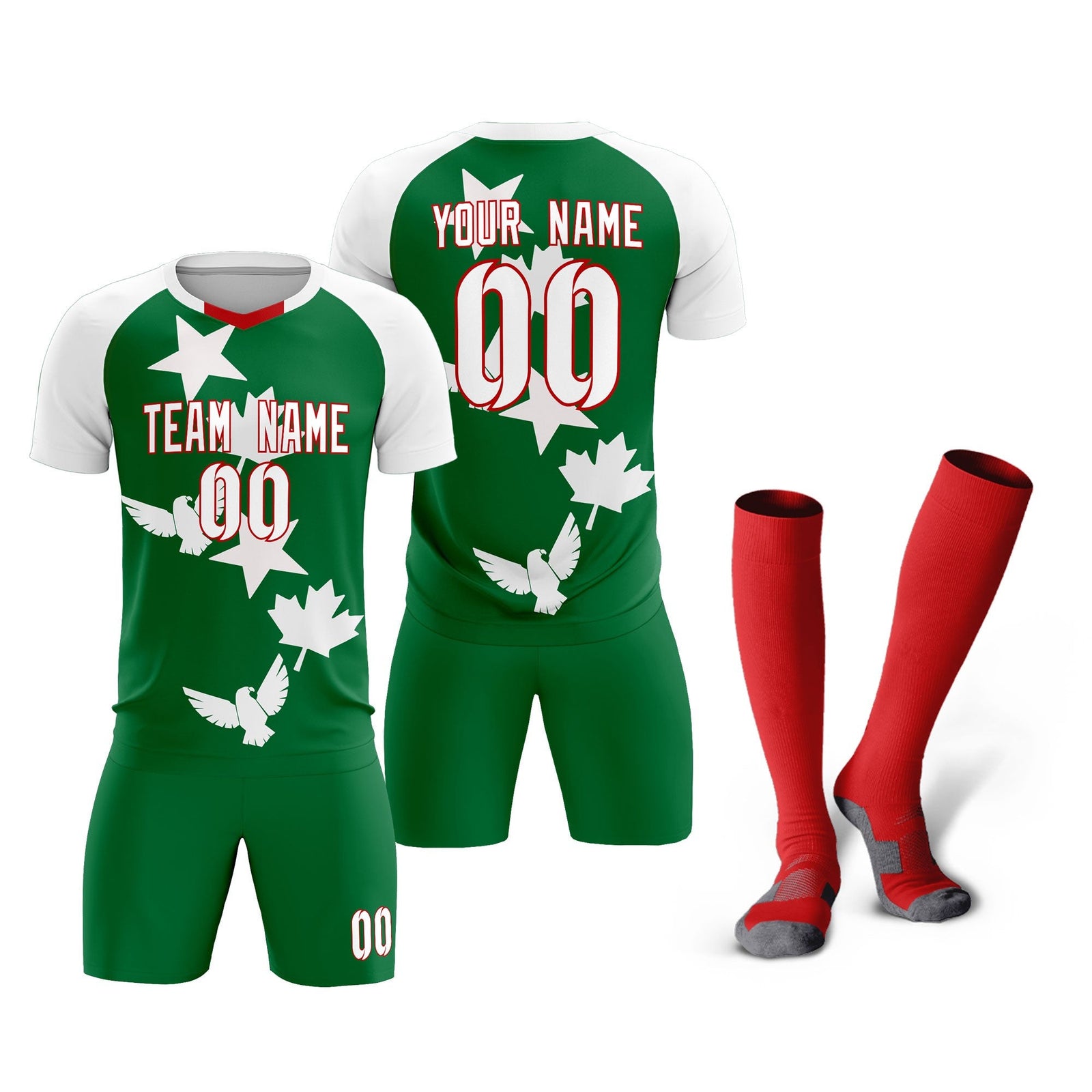 Custom White Kelly Green World Cup Inspired Wrinkle-Resistant Training Uniform Raglan Sleeve Soccer Sets Jersey