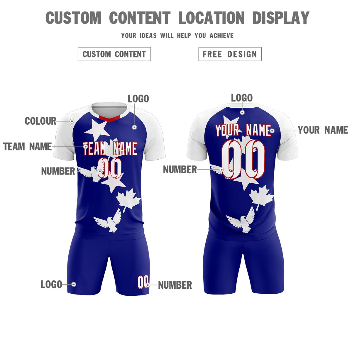 Custom White Royal World Cup Inspired Breathable&amp;Quick-Drying Training Uniform Raglan Sleeve Soccer Sets Jersey