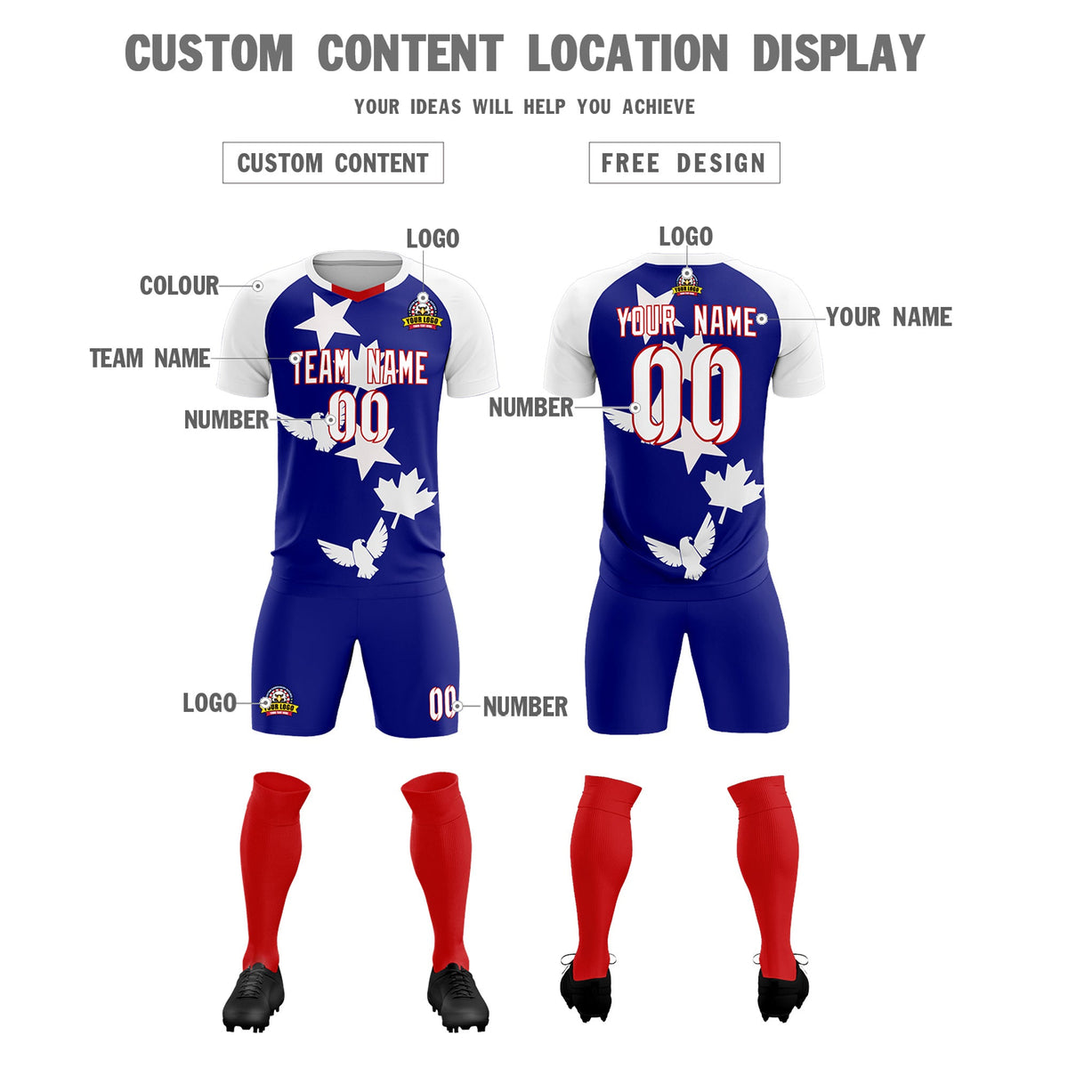 Custom White Royal World Cup Inspired Breathable&amp;Quick-Drying Training Uniform Raglan Sleeve Soccer Sets Jersey