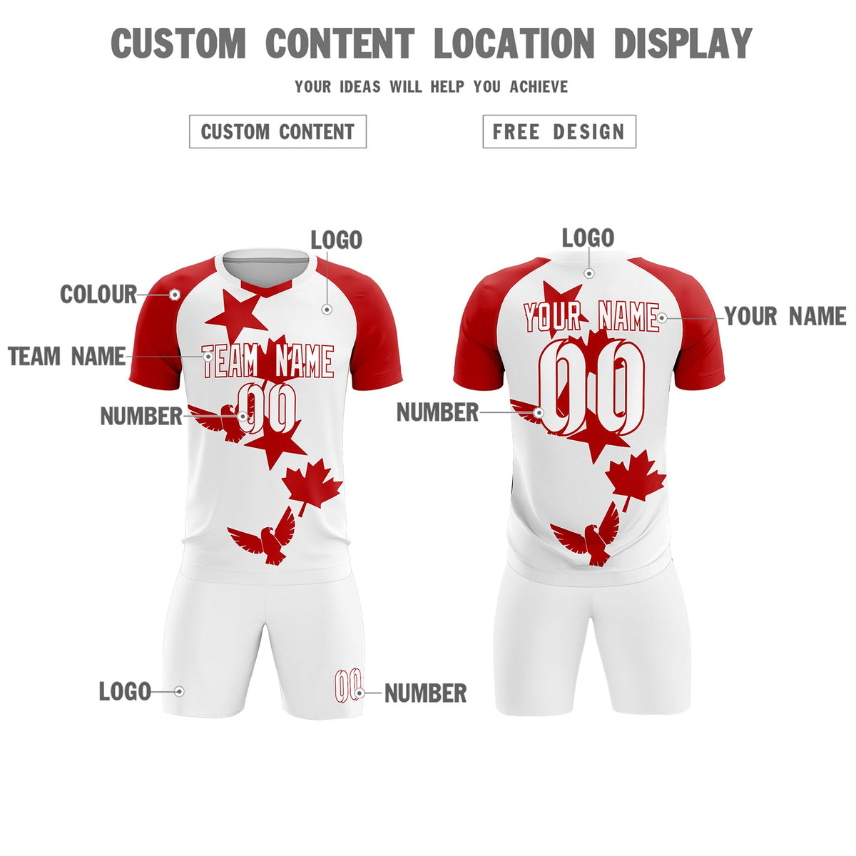 Custom Red White World Cup Inspired Lightweight&amp;Drapable Training Uniform Raglan Sleeve Soccer Sets Jersey