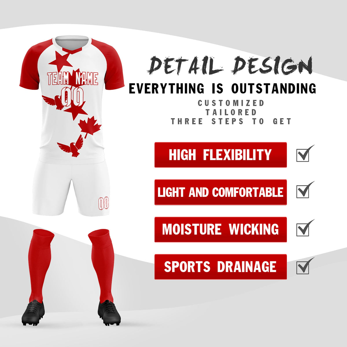 Custom Red White World Cup Inspired Lightweight&amp;Drapable Training Uniform Raglan Sleeve Soccer Sets Jersey