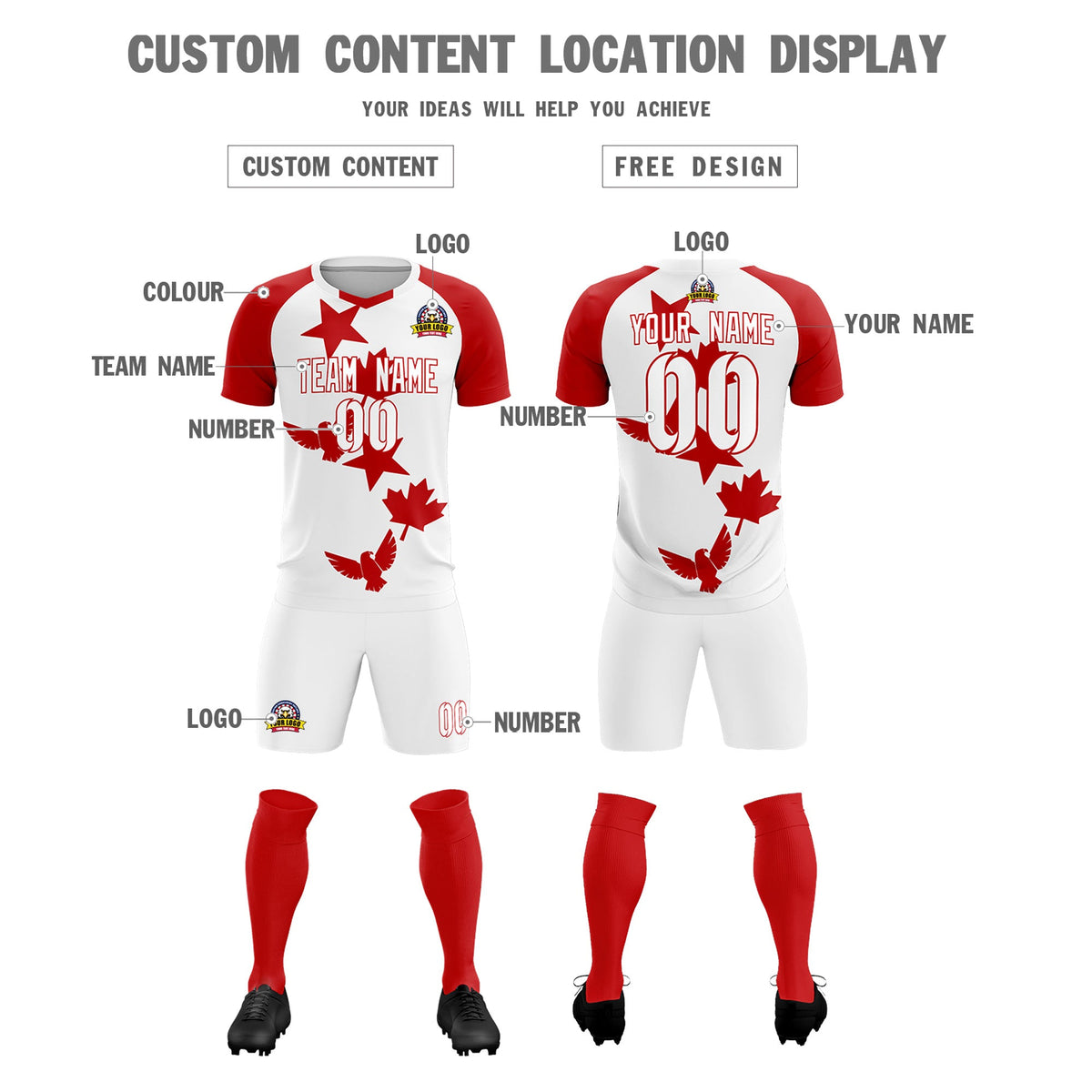 Custom Red White World Cup Inspired Lightweight&amp;Drapable Training Uniform Raglan Sleeve Soccer Sets Jersey