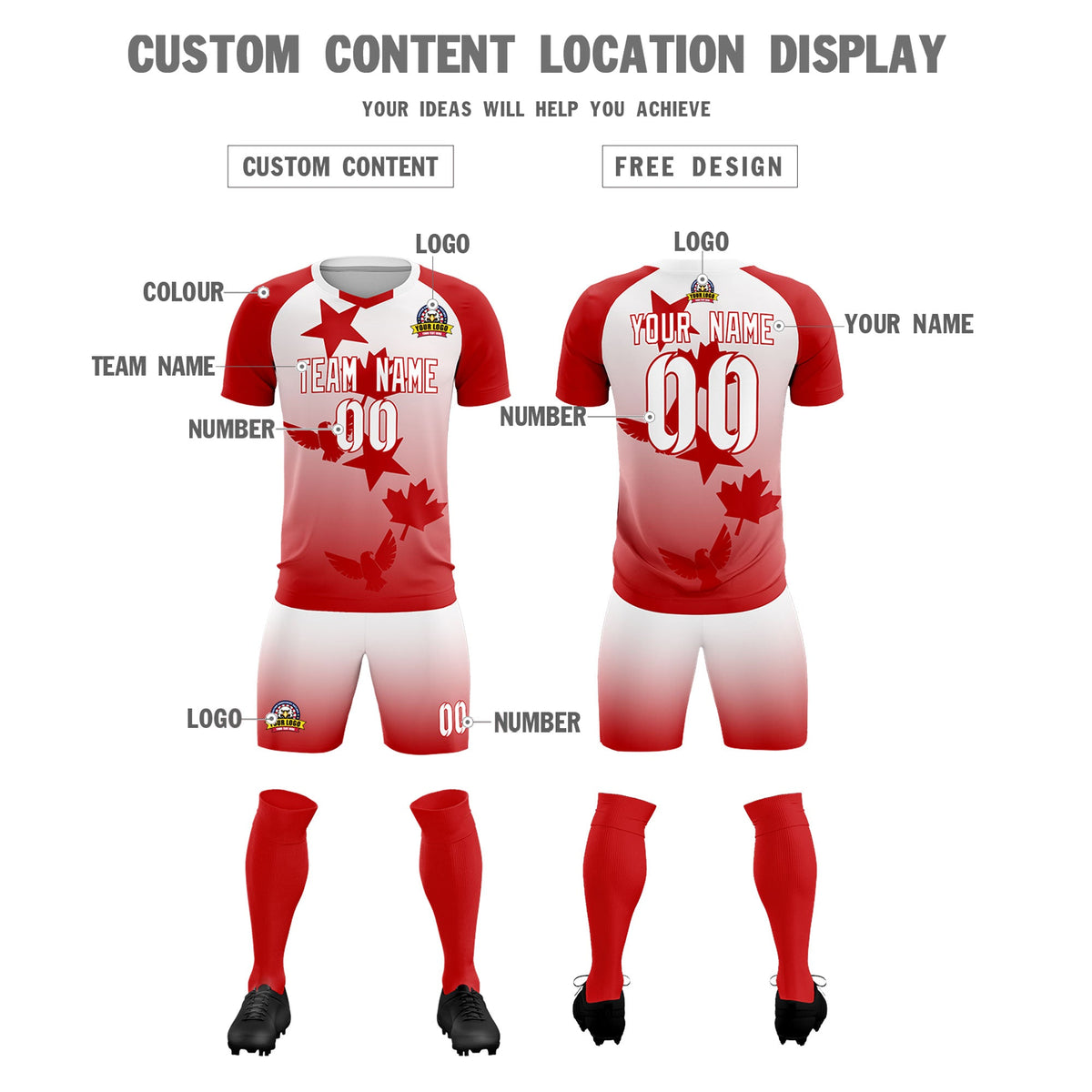Custom Red White World Cup Inspired Wrinkle-Resistant Training Uniform Gradient Fashion Soccer Sets Jersey